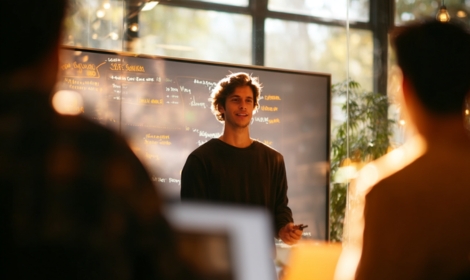 man in a lecture hall